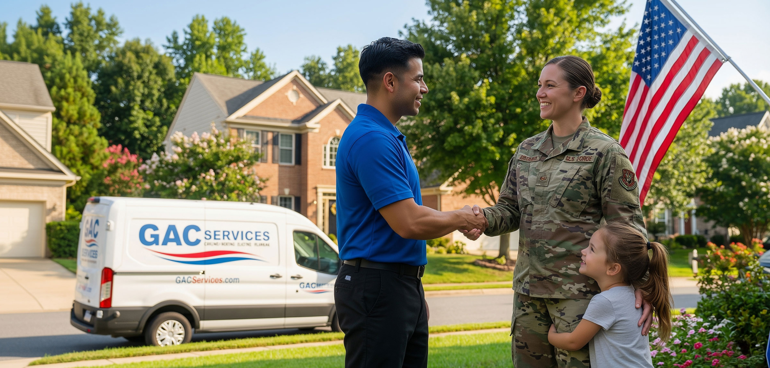 technician shaking hands with female in military combat uniform